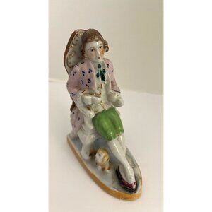 Vintage Porcelain Figurine Man in Chair with Dog Hand Painted 5 1/2”